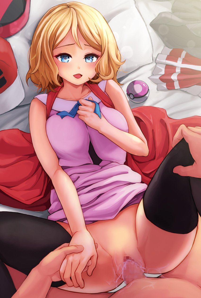 1boy baseball_cap black_thighhighs blonde_hair blue_eyes breasts censored commentary_request cum cum_in_pussy cum_overflow female hat highres large_breasts looking_at_viewer missionary mosaic_censoring on_bed open_mouth penis pink_shirt poke_ball pokemon pokemon_(anime) pokemon_xy_(anime) pov serena_(pokemon) sex shirt short_hair sleeveless sleeveless_shirt straight thighhighs toiro_gawon vaginal_penetration