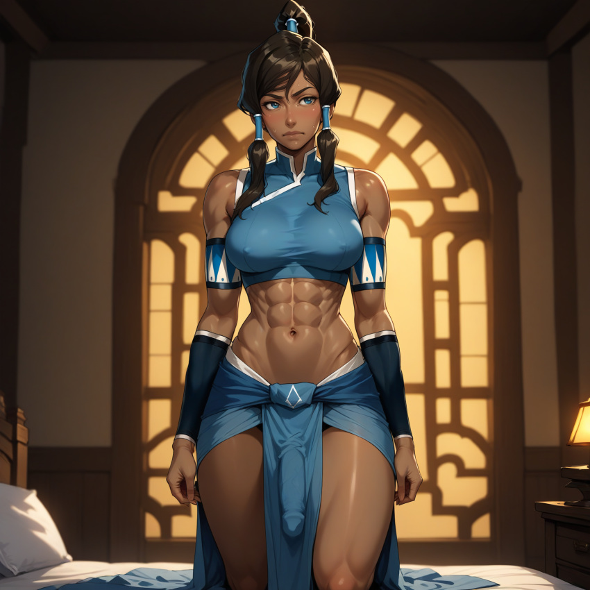 1futa abs ai_generated avatar_legends clothed_futanari clothing erect_penis erection erection_under_clothes fit futa_only futa_sans_pussy futanari huge_cock korra muscled penis_outline psyopsai solo the_avatar the_legend_of_korra water_tribe