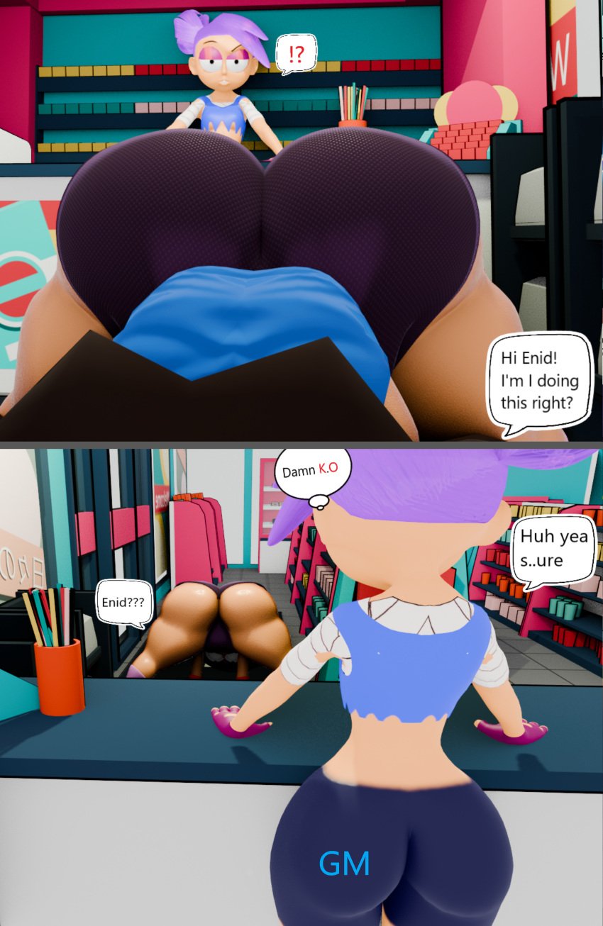 !? 1boy 1boy1girl 1girls 3d ass big_ass big_butt black_eyes black_hair blender butt cartoon_network comic enid fat_ass fat_butt female femboy fully_clothed georgemarina huge_ass huge_butt jack-o_pose k.o._(ok_k.o.!_let's_be_heroes) male ok_k.o.!_let's_be_heroes purple_hair text text_bubble thick_ass thick_butt thick_thighs thought_bubble warner_brothers