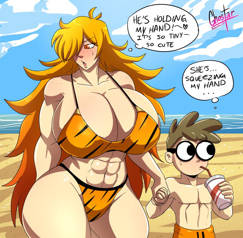 1boy 1girls abs athletic athletic_female auburn_hair bikini english_text ghostar glasses hair_over_one_eye light-skinned_female light-skinned_male muscular muscular_female nerd_(nerd_and_jock) nerd_and_jock_(webcomic) orange_hair shortstack skin skinny_male smaller_male text thick_thighs thought_bubble tiger_(nerd_and_jock) tiger_print tiger_print_bikini voluptuous voluptuous_female