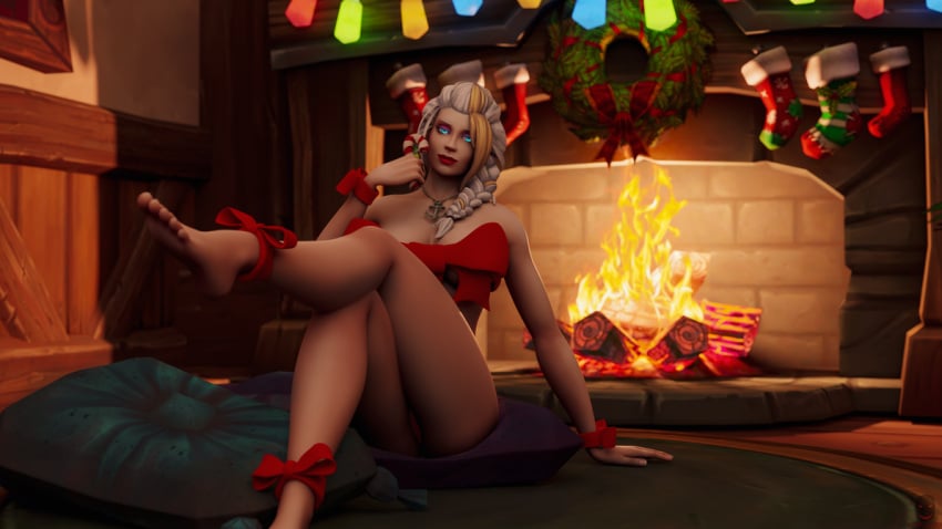 1girls 3d christmas_stocking dmnhunter69 feet fireplace jaina_proudmoore naked_ribbon ponytail ribbon white_hair world_of_warcraft