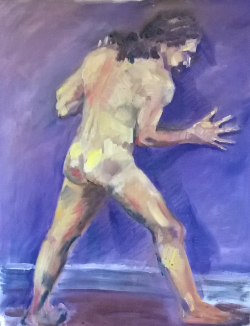 1boy ass back back_view brown_hair buttocks curly_hair fingers_spread floor goatee indoor indoors legs_apart light-skinned light-skinned_male light_skin long_hair male male_only naked naked_male nude nude_male oil_painting painting ponytail profile purple_background pushing pushing_away self_insert shadow shoulders solo solo_male standing wall