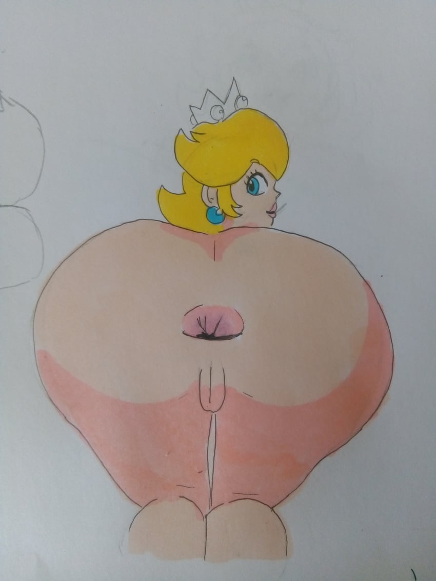 1girls anus ass ass_focus back_view big_ass big_belly blonde_hair blue_eyes butt crown earrings female female_only gaping_anus huge_ass huge_butt large_ass lips lipstick looking_at_viewer looking_back mario_(series) meow_fuck nintendo princess_peach pussy simple_background solo thick thick_thighs thighs white_background