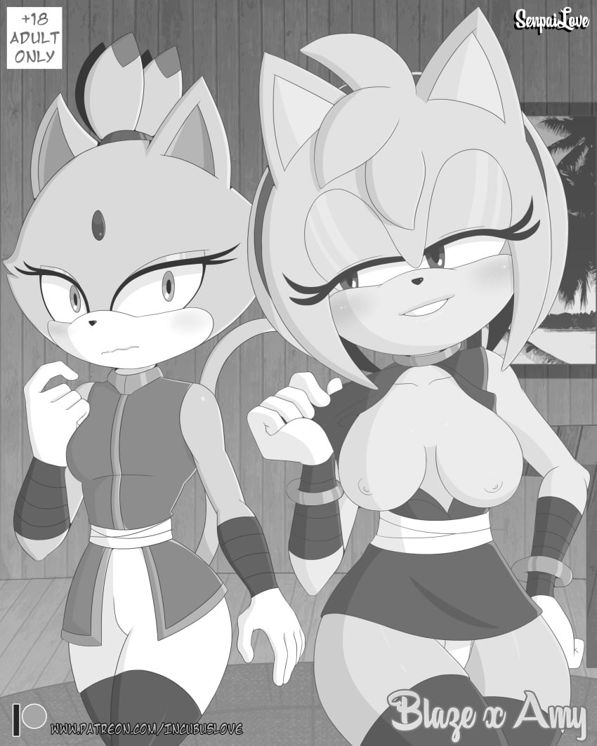 2019 absurd_res amy_rose anthro areola blaze_the_cat blush breasts clothing eulipotyphlan eyelashes felid feline female fur gloves green_eyes hedgehog hi_res mammal nipples purple_fur senpailove smile sonic_(series) thick_thighs