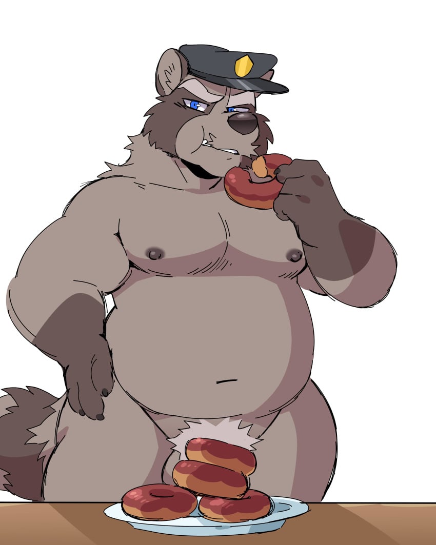 2019 absurd_res anthro balls barely_visible_balls barely_visible_genitalia belly blue_eyes doughnut food fur grey_fur hi_res humanoid_hands male male_only mammal moobs navel nipples overweight overweight_male police police_hat procyonid raccoon simple_background solo vasuki white_background