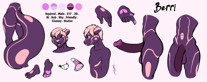 2019 4_toes absurd_res anthro balls barefoot berri_(h-key) big_penis blonde_hair buckteeth fur h-key hair hi_res humanoid_penis male mammal model_sheet orange_fur pawpads paws penis pink_eyes plantigrade purple_fur rodent sciurid solo teeth toes uncut wide_hips