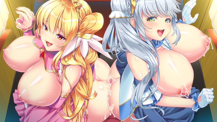 2girls areolae ass ass-to-ass blonde_hair blush breasts breasts_out butt_crack crown cum cum_on_ass dress fiori_romertania from_above game_cg gloves green_eyes huge_breasts indoors lactation legs long_hair milk multiple_girls nipples no_panties open_mouth orange_eyes original oshare_kyoushitsu remis_romertania silver_hair sitting smile thighs twintails zettai_fukujuu_princess:_kijoku_kakumeiroku