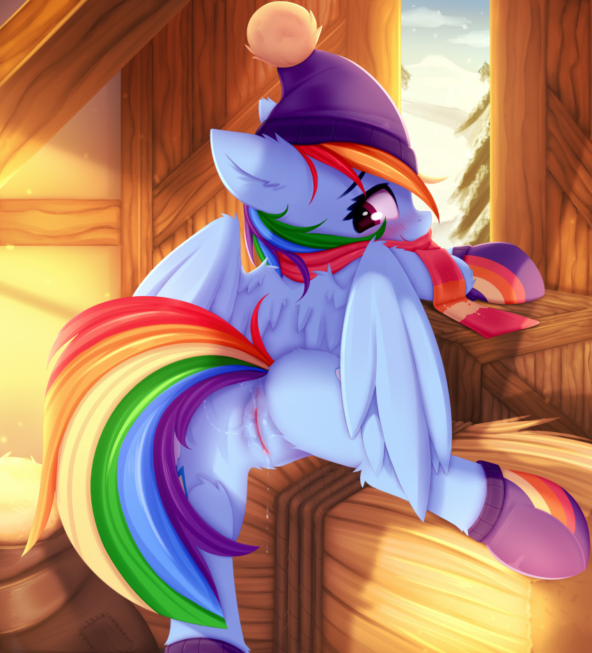 absurd_res ass blush clothing crate cutie_mark equid equine feathered_wings feathers female feral friendship_is_magic hay hay_bale hi_res legwear mammal my_little_pony omiart pterippus pussy pussy_juice rainbow_dash_(mlp) scarf smile socks solo wings