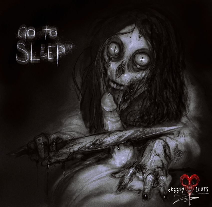 2boys 2d 2d_(artwork) artist_logo big_mouth black_hair blood blood_drip blood_on_face blood_on_hand blowjob creepypasta creepypastadesires deviantart dripping english_text erection gay glasgow_smile hand_on_stomach hi_res holding_knife holding_object horror horror_(theme) humanoid imminent_castration jeff_the_killer knife knife_play licking licking_penis long_hair long_sleeves looking_at_viewer male male/male male_only male_pov monochrome mutilation nail_polish nightmare_fuel no_nose open_mouth oral penis pov sex slit_pupils teeth text threatening tongue tongue_out tonguejob uncensored unseen_male_face wide_eyed