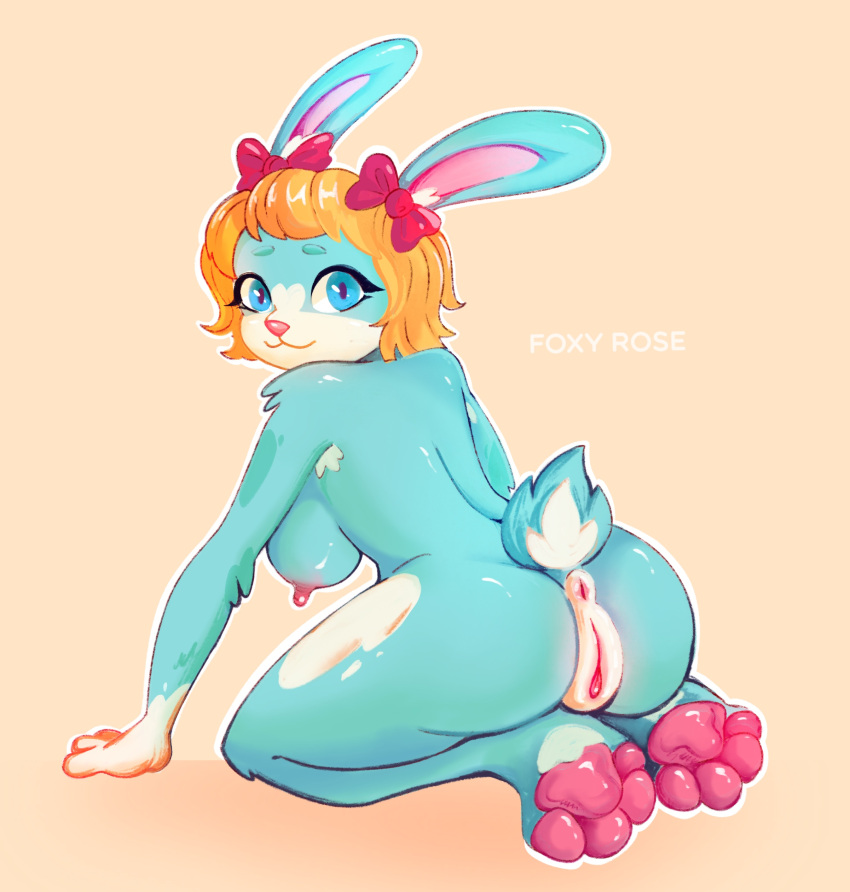 absurd_res anatomically_inaccurate anatomically_inaccurate_pawpads anthro anus artist_foxyrose blonde_hair blue_body blue_eyes blue_fur breasts countershade_face countershade_hands countershading feet female fur genitals hair hair_bows hi_res kneeling lagomorph leporid looking_at_viewer looking_back mammal nude paws pussy rabbit ribbons scut_tail short_hair short_tail solo tail tail_anus