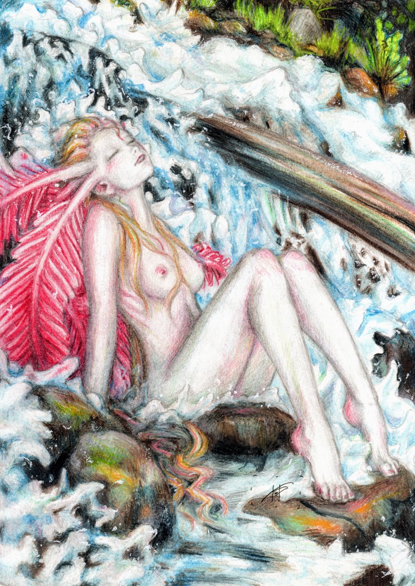 1girls axolotl colored_pencil_(artwork) mythology naiad nipples nude nymph oc plagueart tagme traditional_media_(artwork) water waterfall