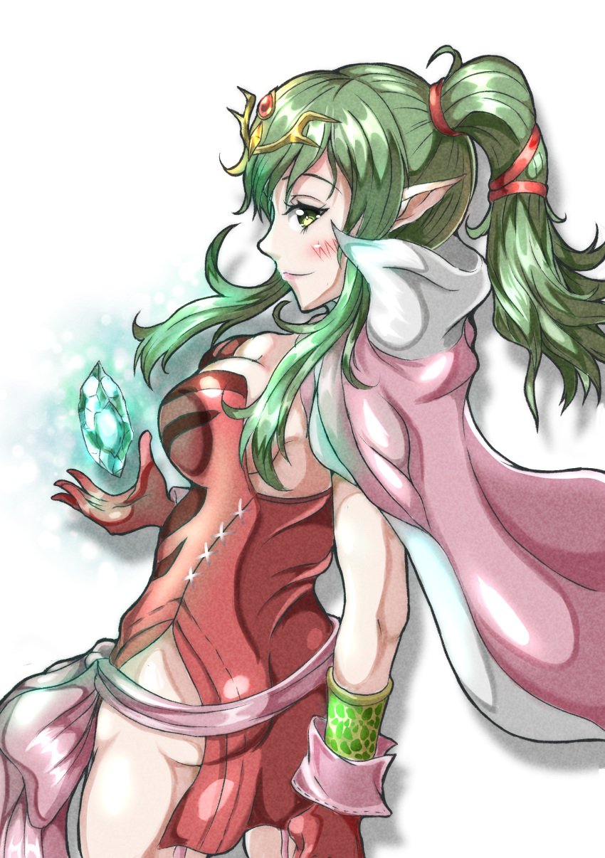 1girls ass bare_arms bare_thighs big_ass blush breasts cape cleavage dress female female_only fire_emblem fire_emblem_awakening garter_straps gloves green_eyes green_hair hair_between_eyes large_breasts long_hair looking_back magic nintendo pelvic_curtain pointy_ears ponytail sideboob smile solo standing stone thighs tiki_(adult)_(fire_emblem) tiki_(fire_emblem) violet_migu18 weapon white_background