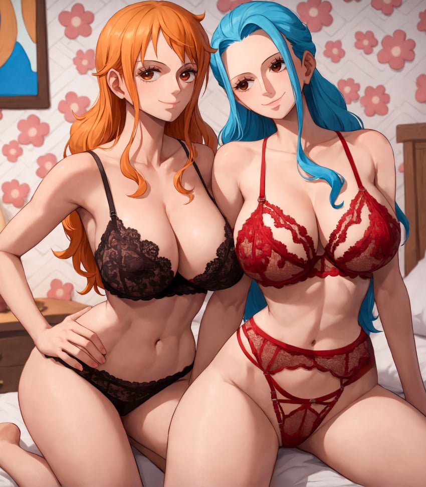 2girls ai_generated alex-schura asymmetrical_docking bangs bare_shoulders bed bent_knees black_bra black_panties black_underwear blue_hair bra breasts brown_eyes clavicle cleavage closed_mouth clothing curvaceous curvaceous_female curvaceous_figure curvy_figure feet female female_focus female_only garter_belt hand_on_hip indoors lace lace-trimmed_bra lace-trimmed_panties lace_bra lace_panties lace_trim large_breasts lingerie long_hair looking_at_viewer multiple_girls nami nami_(one_piece) navel nefertari_vivi on_bed one_piece orange_eyes orange_hair pantsu post-timeskip red_bra red_panties red_underwear sidelocks sitting smile stomach thighs toned underwear underwear_only voluptuous voluptuous_female