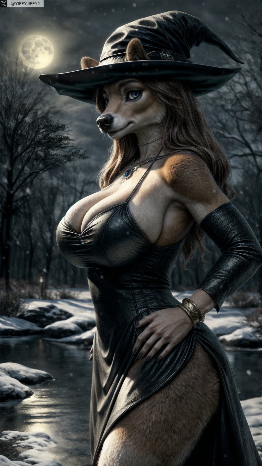 ai_generated animal_ears anthro artist_name black_dress blue_eyes bracelet breasts brown_hair cleavage detached_sleeves dress female female_anthro full_moon furry furry_female hat hi_res high_resolution highres jewelry large_breasts long_hair looking_at_viewer moon necklace night outdoors photorealistic realistic side_slit sky snow solo stable_diffusion tree twitter twitter_username watermark witch witch_hat yiffyjiffy2 yiffyjiffy69
