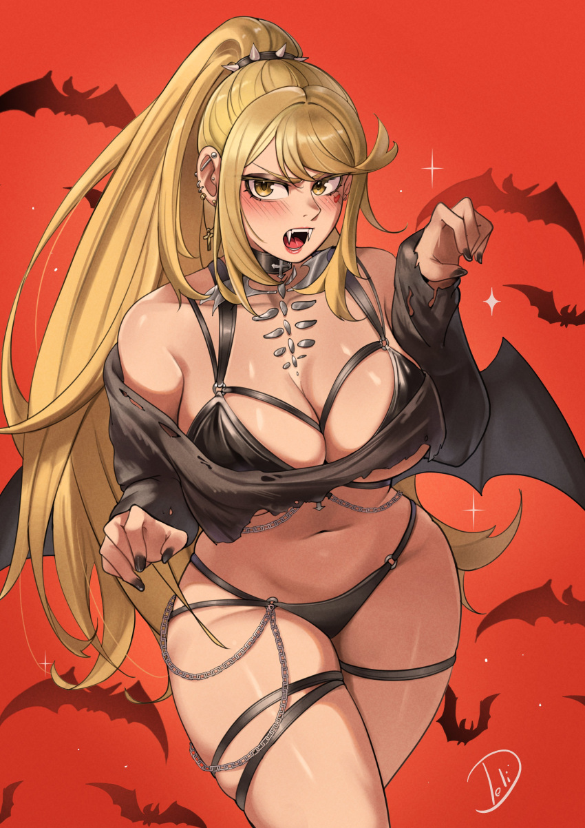 1girls arms_up artist_name artist_signature bangs bat bat_wings bats belly belly_button big_breasts black_choker black_eyeshadow black_fingernails black_nail_polish black_nails black_panties black_topwear blonde_female blonde_hair blush blush_lines blushing breasts chain chains choker cowlick cross_choker cross_earrings deliciousbra deliciousbrain devil_wings ear_barbell ear_ring earrings english english_text eyeshadow fangs female garter garter_belt hair_tie hair_tied human in_shade industrial_piercing large_breasts light_skin light_skinned_female long_hair long_sleeves midriff mythra mythra_(xenoblade) navel open_mouth panties ponytail red_background shaded sidelocks solo sparkle sparkles spiked_hair_tie strap_bra straps straps_across_chest swept_bangs tattered_clothing text torn_clothes torn_shirt upper_body vampire vampire_girl very_long_hair xenoblade_(series) xenoblade_chronicles_2 yellow_eyes yellow_hair