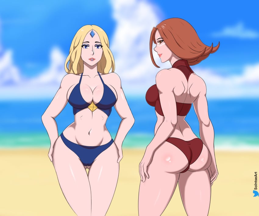 2girls ass beach big_ass big_breasts bikini blonde_hair blue_eyes breasts crystal_maiden dota dota_2 female female_only large_ass large_breasts lina multiple_girls red_eyes red_hair rylai_the_crystal_maiden sisters solntseart summer swimsuit