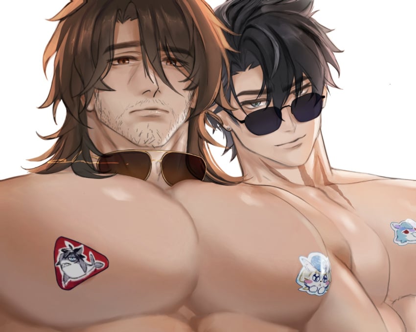 2boys big_pecs black_hair brown_hair crossover gallagher_(honkai:_star_rail) genshin_impact glasses honkai:_star_rail looking_at_viewer male male_focus male_only mature_male muscular muscular_male pecs pectorals stickers stickers_on_body wriothesley_(genshin_impact)