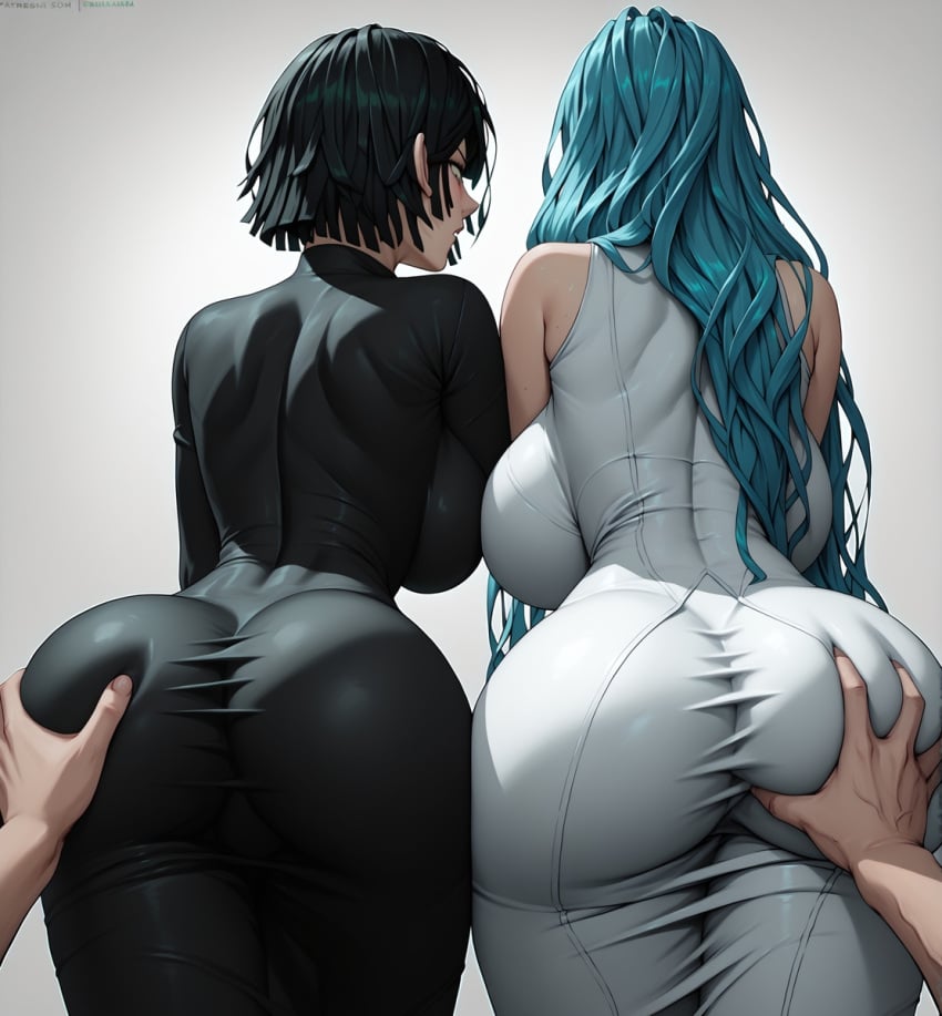 2girls ai_generated ass ass_focus back back_view bare_arms bare_legs bare_shoulders bare_thighs big_ass big_breasts big_butt blue_eyes blue_hair bra clothed clothing color female female_focus female_only fubuki_(one-punch_man) glasses grabbing_ass green_hair hand_on_butt hi_res huge_ass jewelry large_breasts light-skinned_female light_skin long_hair looking_at_viewer one-punch_man panties ponzuaji psykos solo_female tagme thick_thighs