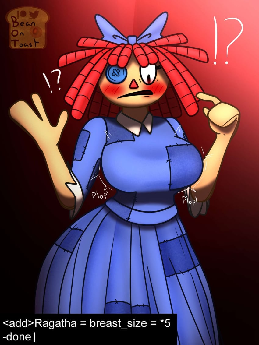 beanontoast big_breasts blue_dress blushing breast_expansion clothed doll exclamation_point question_mark ragatha_(the_amazing_digital_circus) red_hair simple_background stitches the_amazing_digital_circus