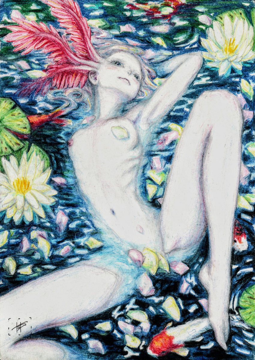 axolotl colored_pencil_(artwork) hands_behind_head lying_on_back mythology naiad nymph oc plagueart smile smiling smug tagme traditional_media_(artwork) water white_body