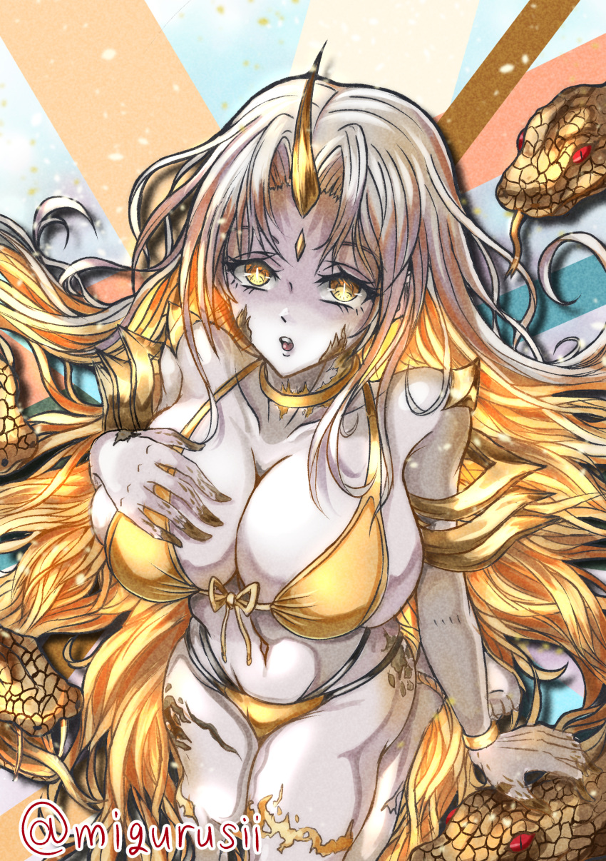 1girls alternate_costume bare_arms bare_legs bare_midriff bare_shoulders barefoot blonde_hair breasts cleavage collar collarbone colored_inner_hair female female_only fire_emblem fire_emblem_heroes from_above gold_bikini gold_swimsuit grey_hair gullveig_(fire_emblem) hand_on_own_chest horn kneeling large_breasts legs long_hair looking_at_viewer looking_up midriff more_at_source multicolored_hair nail_polish navel nintendo open_mouth pale-skinned_female pale_skin shoulders sideboob skindentation snake snake_hair solo thick_thighs very_long_hair violet_migu18 yellow_bikini yellow_eyes yellow_hair yellow_nails yellow_swimsuit