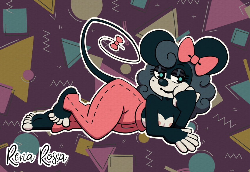 2d_artwork anthro barefoot bedroom_eyes blue_hair curly_hair curvy_figure disney female minnie_mouse mole_under_eye mouse_ears mousegirl nipples nude nude_female pants pink_bow pink_clothing small_breasts tail topless