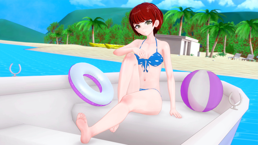 3d bare_arms bare_legs bare_midriff bare_thighs barefoot beach bikini cleavage clothed clothing danganronpa danganronpa_2:_goodbye_despair feet female female_focus female_only freckles green_eyes hand_on_leg koikatsu koizumi_mahiru legs_up light-skinned_female light_skin nsfwscout pale_skin polka_dot red_hair short_hair smile smiling smiling_at_viewer swimsuit underwear white_skin