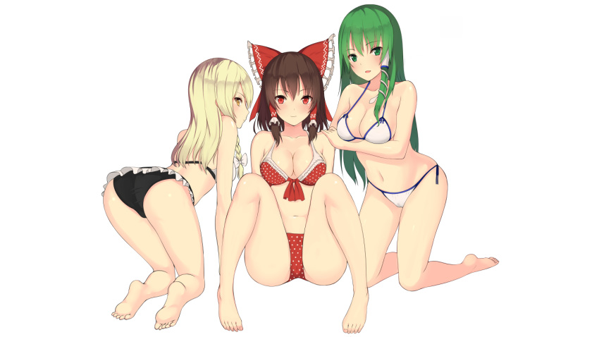 3girls aliasing ass barefoot bikini blonde_hair blush braids brown_hair cameltoe cleavage green_eyes green_hair kureha_(ironika) long_hair marisa_kirisame multiple_girls navel red_eyes reimu_hakurei sanae_kochiya short_hair swimsuit touhou white_background yellow_eyes