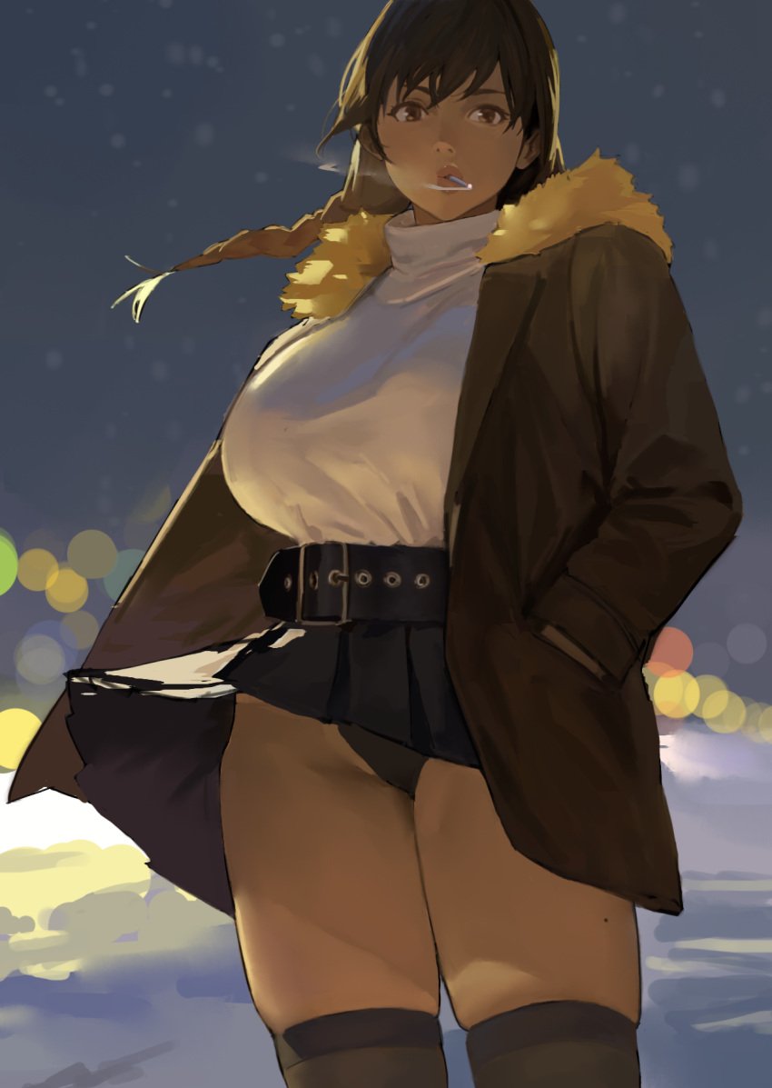 1girls belt hands_in_pockets hintobento jacket large_breasts lights mole_on_thigh original panties_visible_under_skirt ponytail skirt skirt_up smoking snow solo solo_female solo_focus stockings wind winter winter_clothes