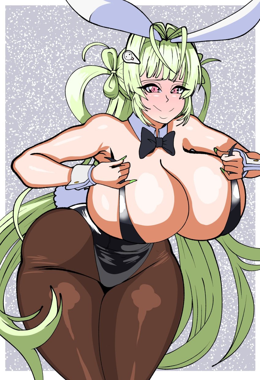 1girls breasts bunny_ears bunny_girl bunnysuit female goddess_of_victory:_nikke green_hair large_breasts light-skinned_female light_skin long_hair purple_eyes shingattai soda_(nikke) soda_(twinkling_bunny)_(nikke) too_small_clothes