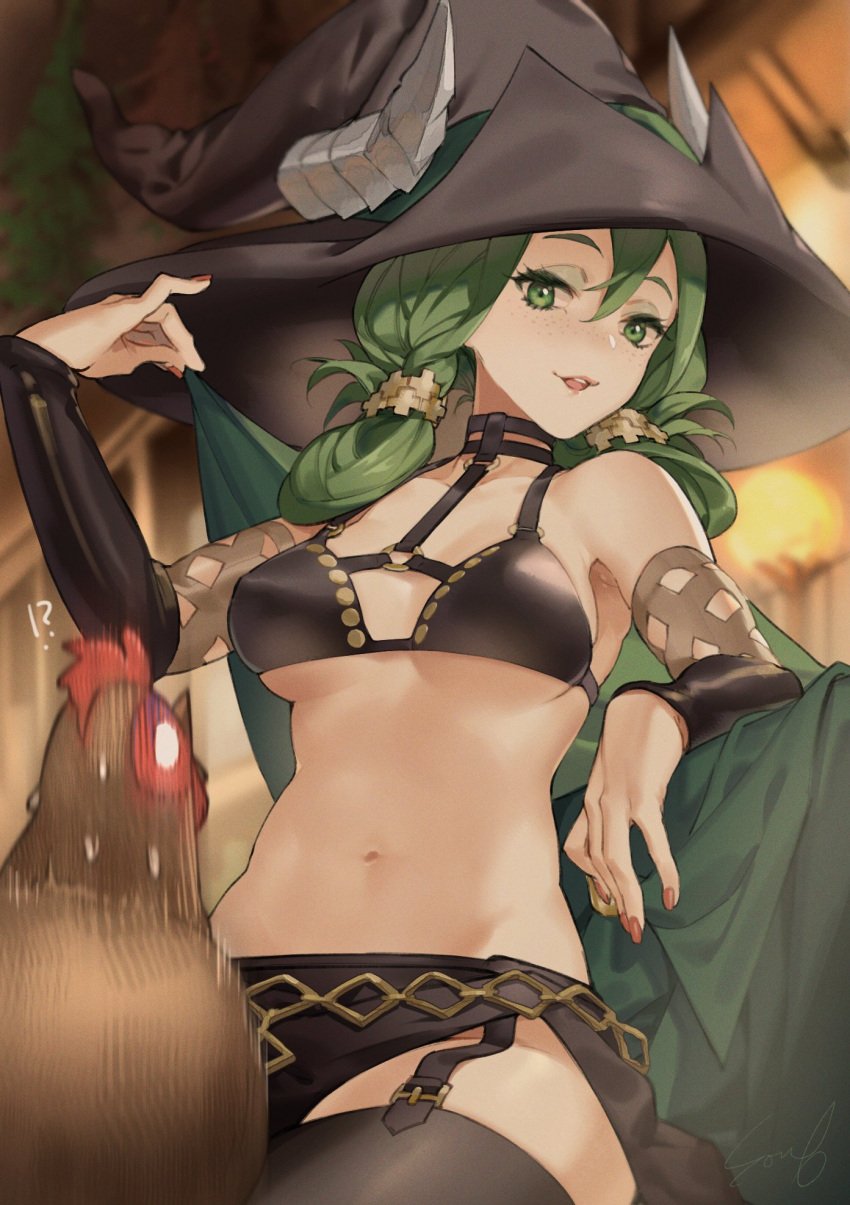 !? animal bikini bikini_top_only bird black_bikini black_hat black_skirt black_thighhighs breasts cape chicken cleavage female fingernails freckles green_cape green_eyes green_hair hat highres large_hat long_hair looking_at_another medium_breasts mixed-language_commentary nail_polish navel ouosoul parted_lips pink_nails skirt stomach sweat swimsuit thighhighs unicorn_overlord witch witch_hat yahna_(unicorn_overlord)