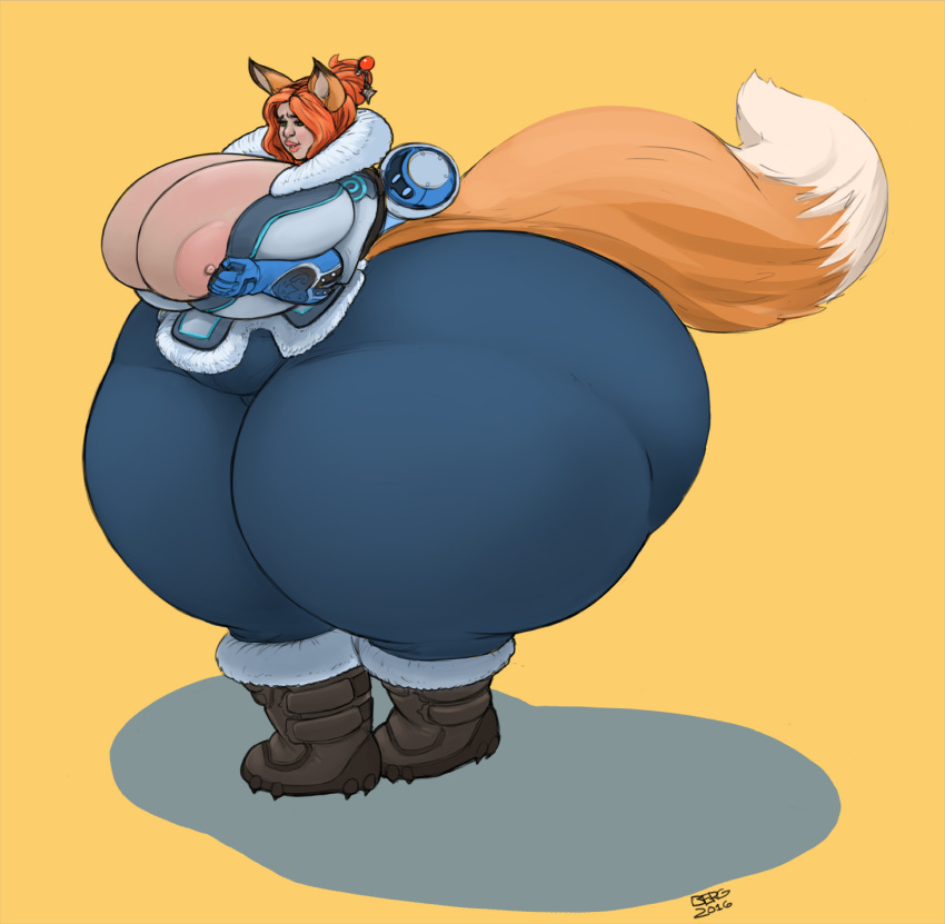 1girls areolae ass ass_body berggie boots breasts cleavage cosplay exposed_breasts female female_focus female_only fox_ears fox_tail hair_bun hips hyper_ass hyper_breasts kitsune kitsunemimi large_ass large_breasts mei_(overwatch)_(cosplay) nipples orange_hair overwatch overwatch_2 samantha_(foducool) thick_thighs thighs thunder_thighs wide_hips