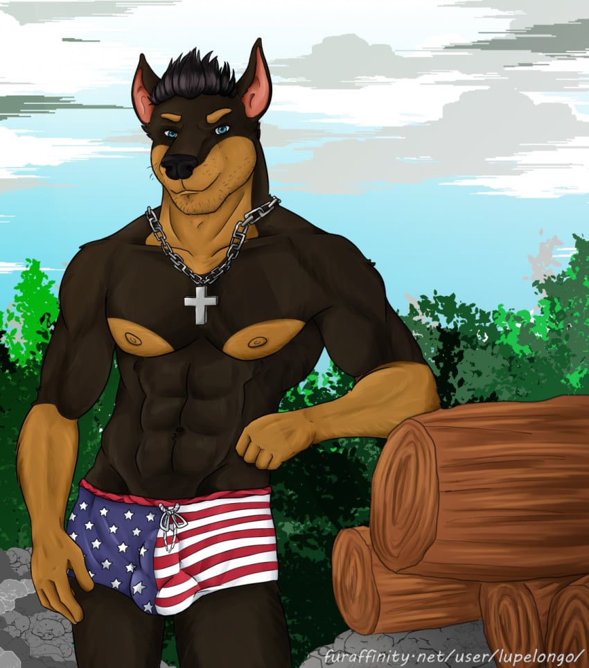 2019 abs anthro balls_outline biceps bulge canid canine canis clothed clothing cross cross_necklace dobermann domestic_dog furry hair hi_res jewelry looking_at_viewer lupelongo male male_only mammal muscular muscular_male necklace nipples outside pinscher prick_ears sheath_outline simple_background smile solo standing underwear