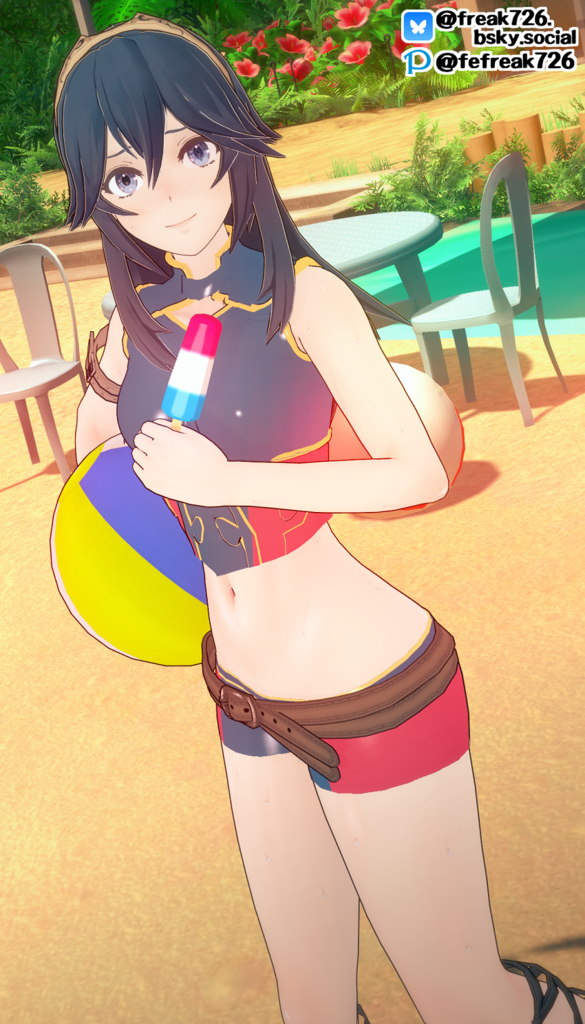 1girls 3d alternate_costume ball bare_arms bare_midriff bare_thighs beach beach_ball bikini blue_bikini blue_eyes blue_swimsuit blush breasts chair fefreak726 female female_only fire_emblem fire_emblem_awakening fire_emblem_cipher flower food hair_between_eyes holding looking_at_viewer lucina_(fire_emblem) midriff navel nintendo official_alternate_costume outdoors popsicle small_breasts smile solo sweat swimsuit symbol-shaped_pupils thighs tiara