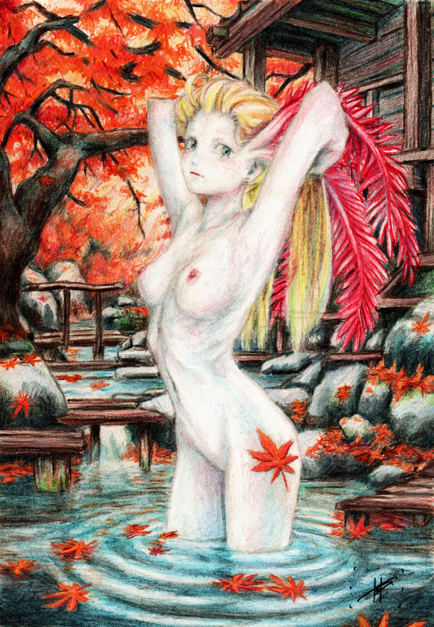 1girls axolotl blonde_hair breasts colored_pencil_(artwork) female green_eyes long_hair naiad nipples nude nymph oc plagueart river solo tagme traditional_media_(artwork) water white_body