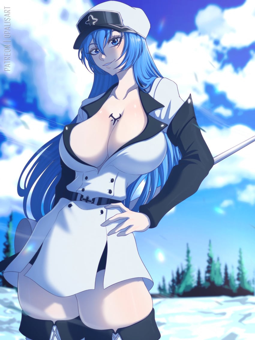 1girls akame_ga_kill! bare_thighs big_breasts blue_eyes blue_hair blush clothed clothing color esdeath_(akame_ga_kill!) female female_focus female_only hat hi_res inner_sideboob large_breasts light-skinned_female light_skin long_hair looking_at_viewer opalisart peaked_cap solo solo_female tagme thick_thighs