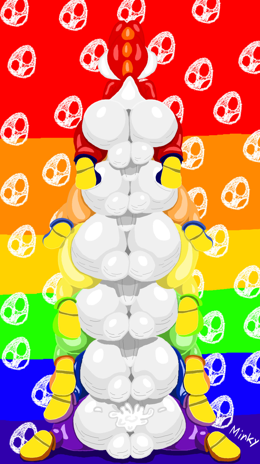 absurd_res anal anal_sex anthro ass ass_stack balls big_butt blue_yoshi bodily_fluids clothing cum cum_in_ass cum_inside dinosaur extinct footwear genital_fluids genitals green_yoshi group hi_res lgbt_pride male male/male mario_(series) minky nintendo orange_yoshi penetration penis prehistoric_species pride_colors purple_yoshi red_yoshi reptile scalie sex shoes stack thick_thighs yellow_yoshi yoshi