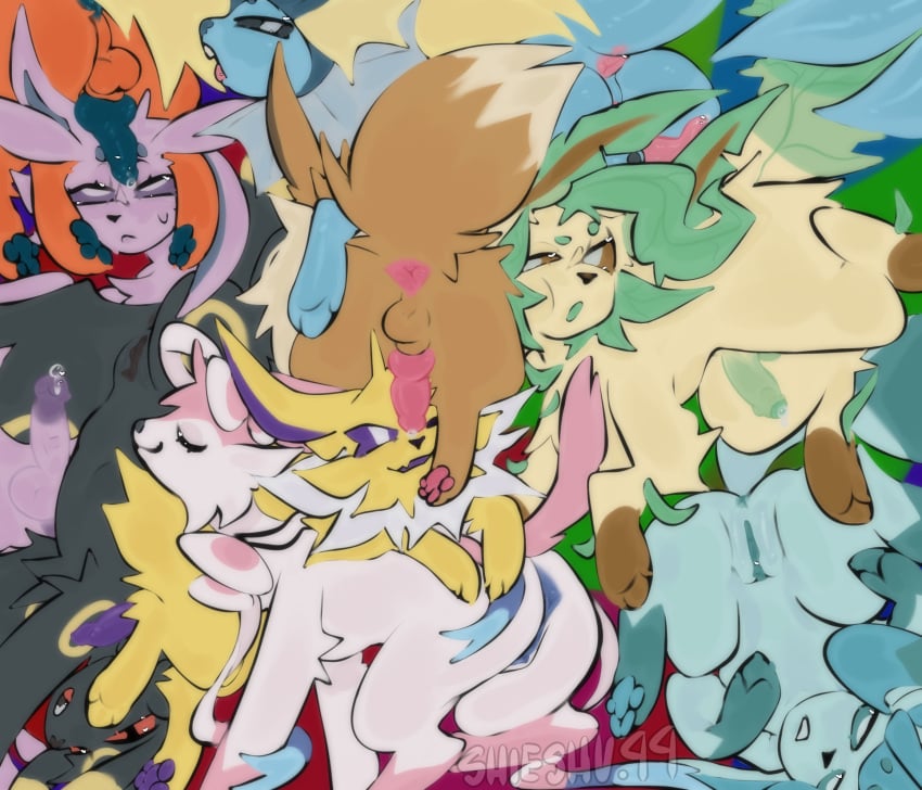 all_fours anus ass balls black_body black_pussy blue_body blue_pussy butt_focus closed_eyes cramped crowd crowd_scene crowded eevee eeveelution embarrassed erection espeon female feral flareon fur generation_1_pokemon generation_2_pokemon generation_4_pokemon generation_6_pokemon genitals glaceon green_penis group group_sex hi_res hug jolteon knot leafeon long_tail male multicolored_body multicolored_fur neck_tuft nintendo nude open_mouth orange_body orgy pawpads penis penis_on_face pink_anus pink_knot pink_pawpads pokemon pokemon_(species) presenting purple_body purple_knot purple_penis pussy rubbing sex shieshuqqq smile spread_legs spreading sylveon tail tail_anus tuft umbreon upside-down vaporeon white_body yellow_body