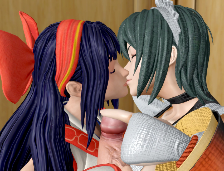 1boy 2girls 3d ainu_clothes big_breasts big_penis bisexual bisexual_(female) blue_hair busty closed_eyes double_handjob female fingerless_gloves from_side green_hair hair_ribbon handjob_while_kissing hi_res huge_cock iroha king_of_fighters kissing large_breasts long_hair maid maid_headdress male nakoruru open_mouth penis ponhiki pov samurai_shodown short_hair sideboob snk teamwork threesome voluptuous