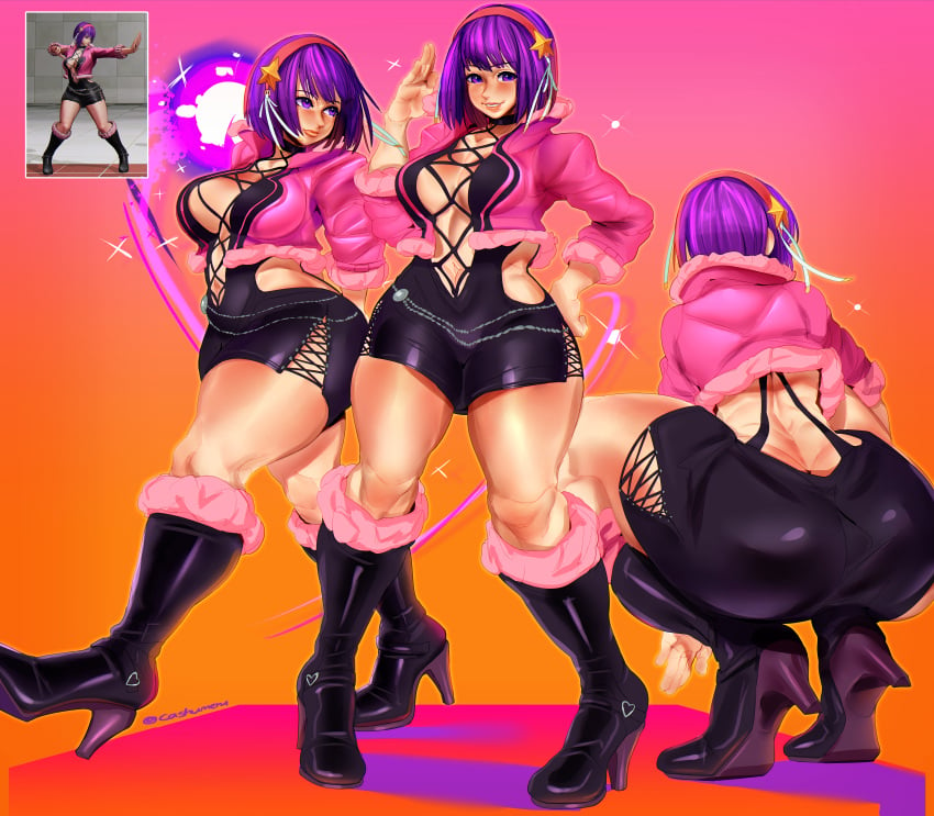 athena_asamiya bare_thighs big_breasts cashumeru cleavage female_focus fur_trim game_mod hair_accessory high_heels highres king_of_fighters king_of_fighters_xv kof mod psycho_soldier purple_eyes purple_hair shermie_(cosplay) short_hair snk thick_thighs voluptuous voluptuous_female