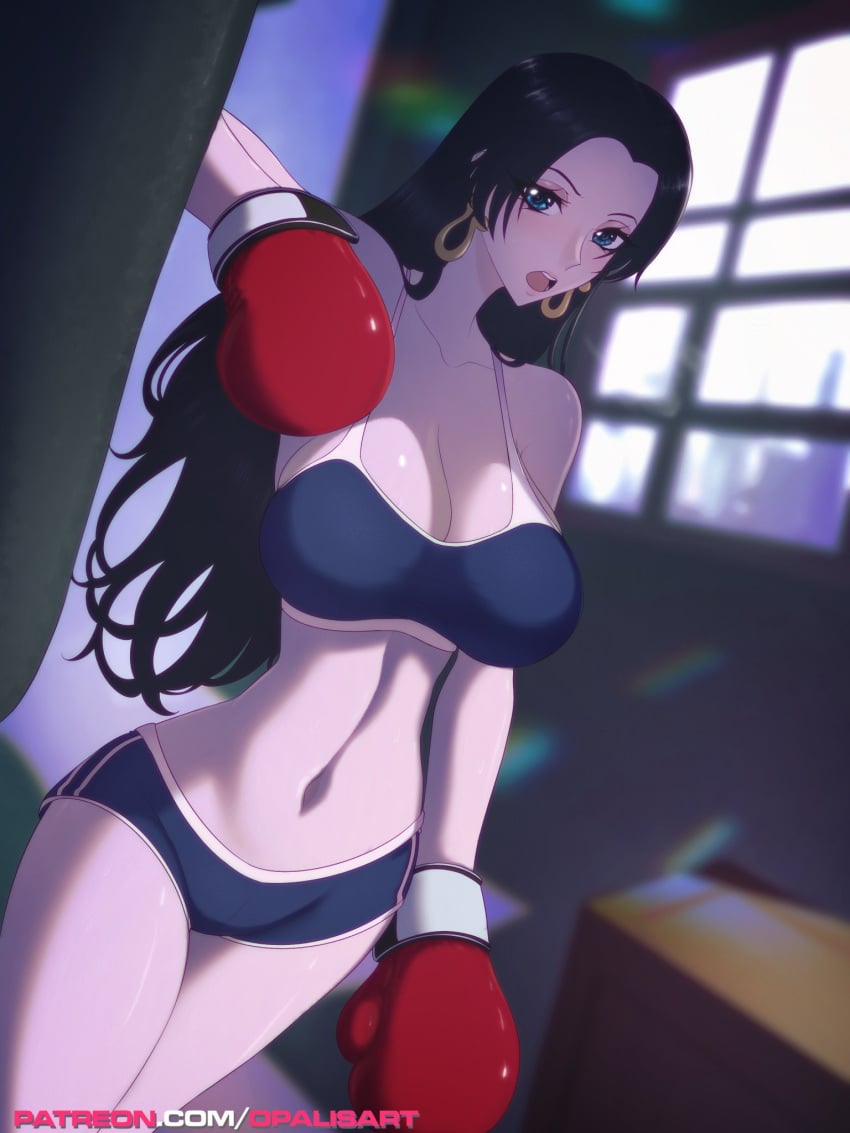 1girls bare_arms bare_legs bare_shoulders bare_thighs big_breasts black_hair blue_eyes blush boa_hancock boxing boxing_gloves breasts cleavage clothed clothing color female female_focus female_only gloves gym_clothes hi_res jewelry large_breasts light-skinned_female light_skin long_hair looking_at_viewer navel one_piece opalisart punching_bag red_boxing_gloves red_gloves short_shorts shounen_jump solo solo_female sports_bra tagme thick_thighs