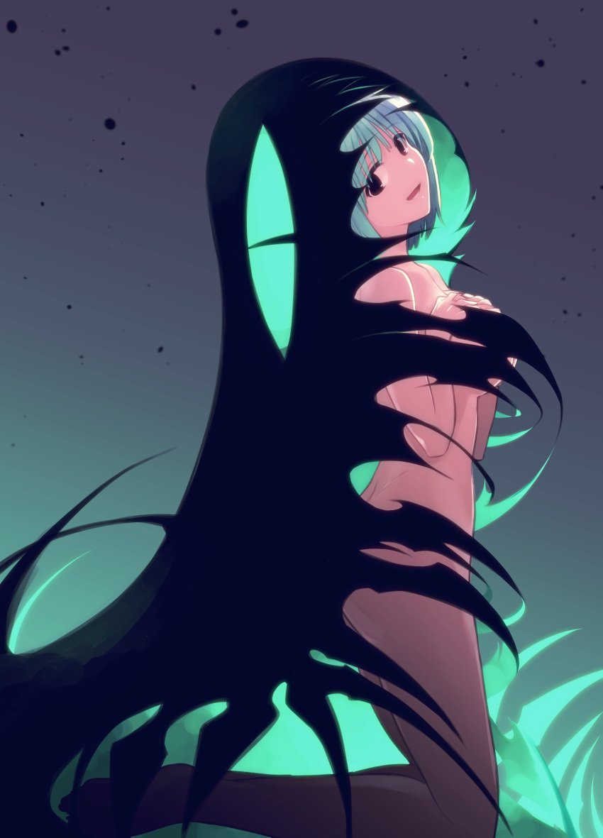 absurdres black_eyes breasts evil_grin evil_smile green_hair grin hand_on_own_chest head_tilt highres ishiyumi kneeling looking_at_viewer ma_no_mono-tachi medium_breasts monster nude priestess_(ishiyumi) short_hair smile solo_focus