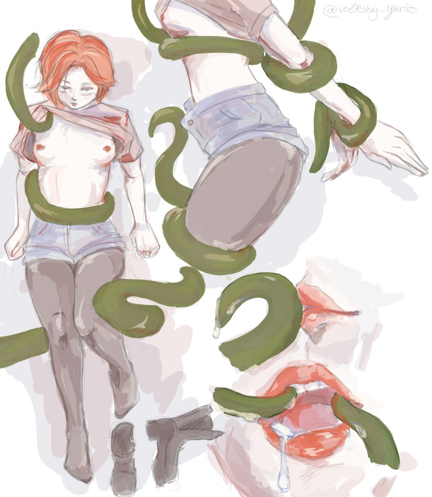 blush boots_removed drooling leggings open_mouth red_hair shirt_lift shorts stripped_by_tentacles tagme tentacle tentacle_around_waist tentacles tentacles_around_arms tentacles_around_legs tentacles_in_mouth tentacles_under_clothes