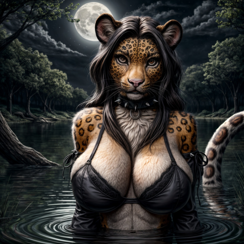 ai_generated animal_ears anthro artist_name black_bra black_hair bra breasts brown_eyes cleavage cloud collar female female_anthro full_moon furry furry_female hi_res high_resolution highres huge_breasts large_breasts long_hair looking_at_viewer moon night night_sky outdoors partially_submerged photorealistic realistic ripples sky solo spikes stable_diffusion tail tree twitter twitter_username underwear water watermark yiffyjiffy2 yiffyjiffy69