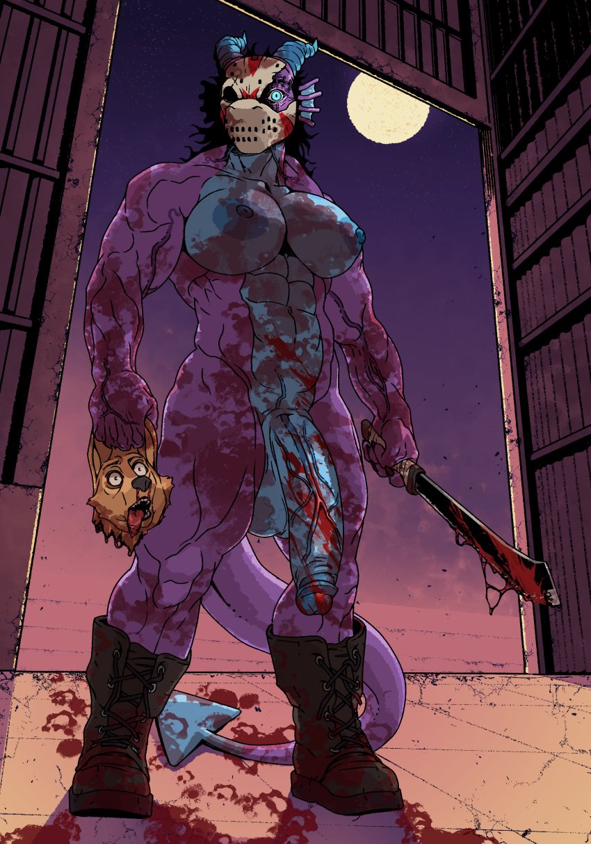 abs absurd_res anthro azurei balls big_balls big_breasts big_muscles big_nipples big_penis blood blood_covered blood_on_arm blood_on_balls blood_on_chest blood_on_clothing blood_on_face blood_on_ground blood_on_hand blood_on_leg blood_on_penis blood_on_weapon blood_splatter blood_trail bodily_fluids boots breasts clothing crazy_eyes death decapitation delilah_(deminothedragon) digital_media_(artwork) dragon female footwear friday_the_13th_(series) genitals gore gynomorph hair hi_res hockey_mask horror_(theme) huge_balls huge_cock hyper hyper_genitalia hyper_penis insane intersex jason_voorhees light machete mask melee_weapon moonlight mostly_nude muscular mythological_creature mythological_scalie mythology night nipples open_mouth penis scalie serial_killer severed_body_part severed_head shoes solo sports_mask sportswear tall tongue vein veiny_penis weapon