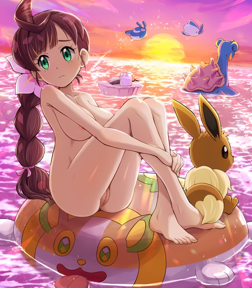 absurdres afloat ahoge ai_edit ass bare_legs barefoot bracelet braid braided_ponytail brown_hair character_print chloe_(pokemon) closed_mouth collarbone commentary_request completely_nude creatures_(company) crossed_ankles edit eevee eiscue eiscue_(ice) eyelashes female flower frills frown full_body game_freak gen_1_pokemon gen_4_pokemon gen_8_pokemon green_eyes hair_flower hair_ornament highres innertube jewelry knees lapras large_breasts long_hair looking_to_the_side mantyke naked nintendo nipples nude outdoors own_hands_together pink_flower pokemoa pokemon pokemon_(anime) pokemon_(species) pokemon_journeys pussy revision sitting sky sunset tentacool third-party_edit toes twilight uncensored water yamper