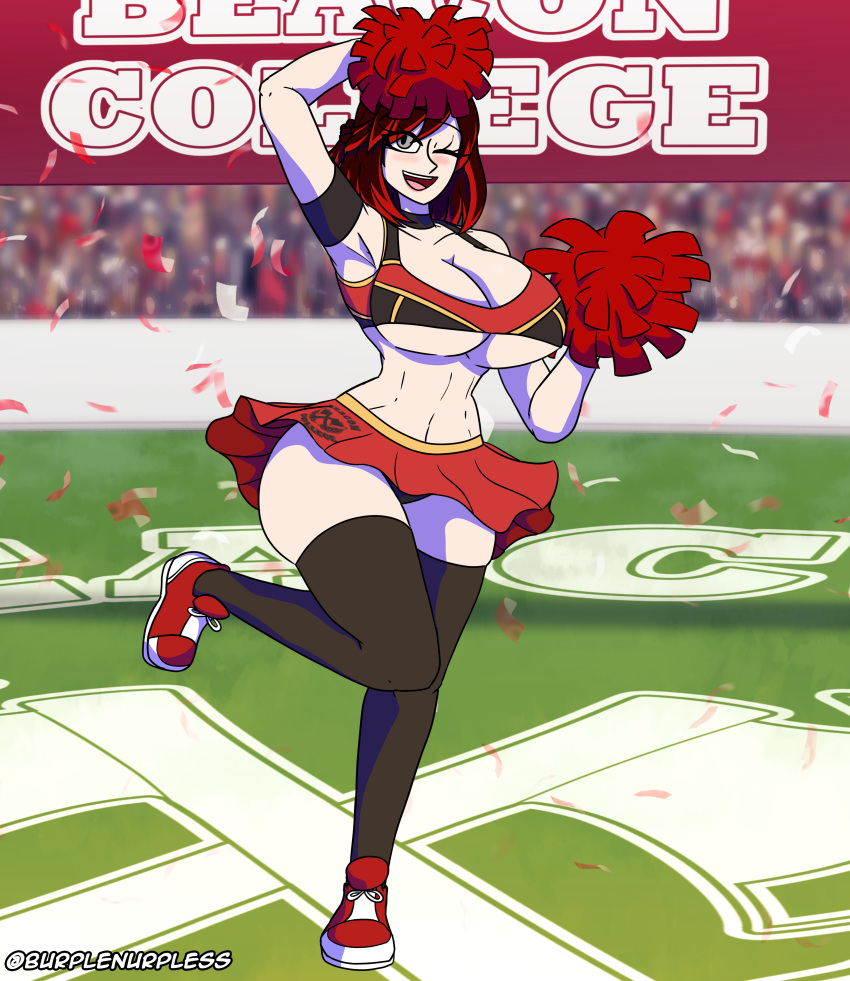 big_breasts burplenurpless cheerleader cheerleader_uniform pom_poms red_hair rwby silver_eyes sneakers summer_rose thick_thighs thighhighs underboob winking