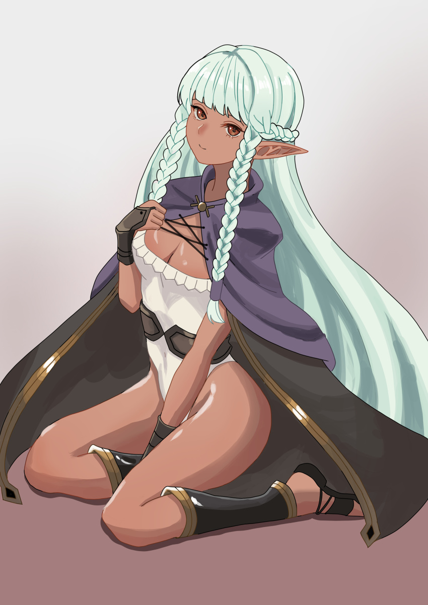 absurdres aqua_hair black_cape braid breasts bug butterfly cape cleavage cloak commentary_request covered_navel dangouo_ty dark-skinned_female dark_elf dark_skin elf eyelashes female frilled_leotard frills full_body gold_trim gradient_background grey_background highres insects leotard long_hair medium_breasts pink_leotard pointy_ears purple_cloak red_eyes rosalinde_(unicorn_overlord) sandals simple_background sitting solo twin_braids unicorn_overlord very_long_hair