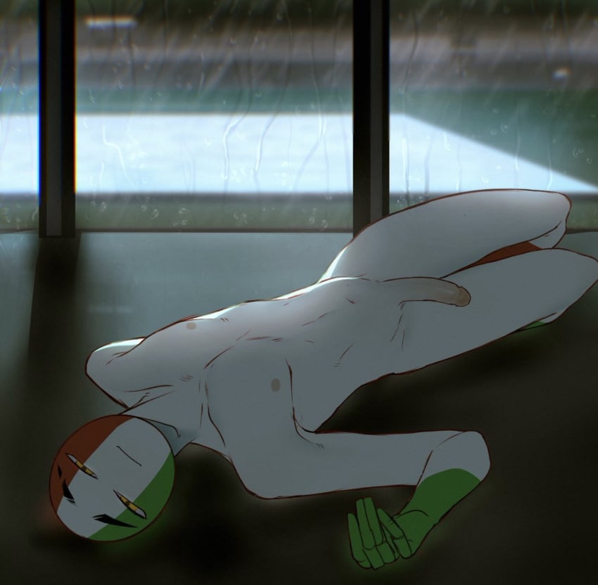 1boy countryhumans dafriix italy_(countryhumans) looking_at_viewer naked penis raining tagme