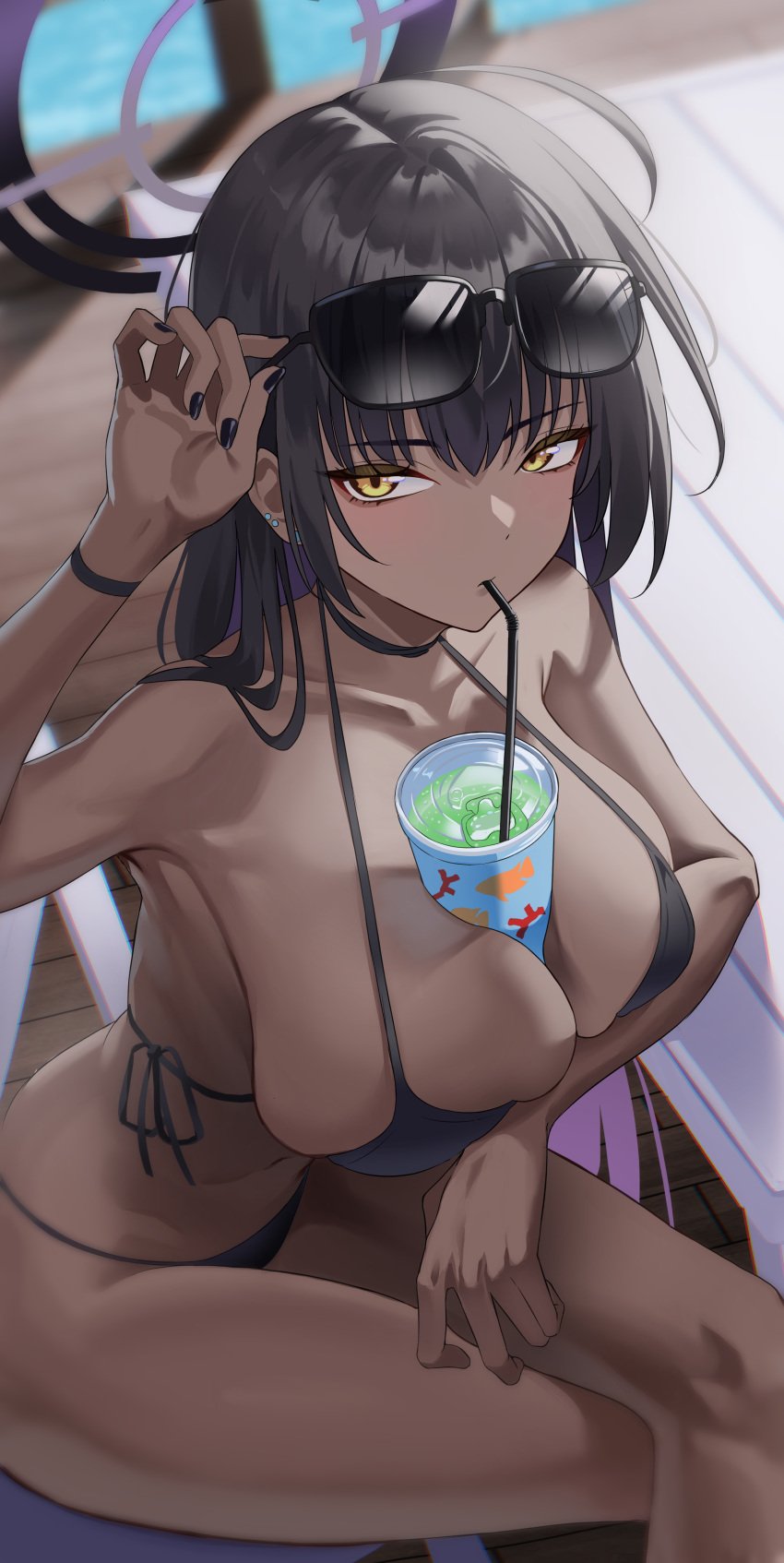 absurdres alternate_costume bare_arms bare_legs bare_shoulders between_breasts bikini black_bikini black_hair black_nails blue_archive breasts commentary_request dark-skinned_female dark_skin drink drinking_straw drinking_straw_in_mouth eyewear_on_head female fingernails halo highres huge_breasts karin_(blue_archive) long_hair looking_at_viewer nail_polish ojisan_kamo_shiremasen open_mouth sideboob sitting solo sunglasses swimsuit thighs yellow_eyes